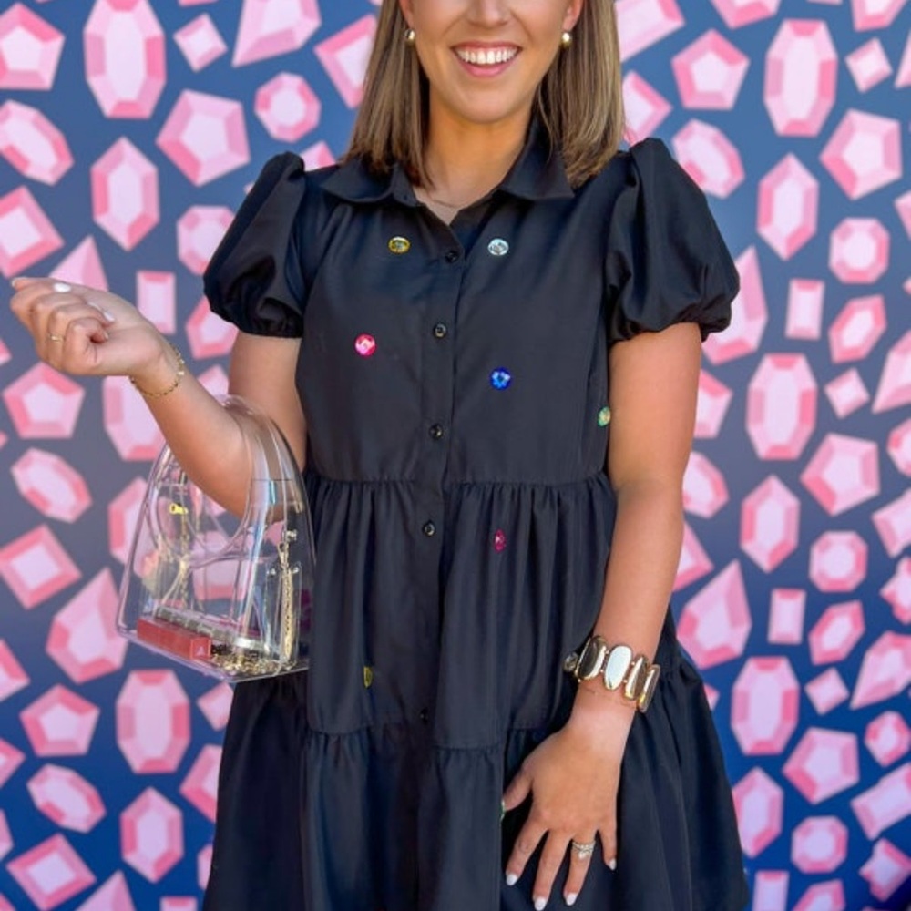 Black Puff Sleeve Dress with Colorful Accents